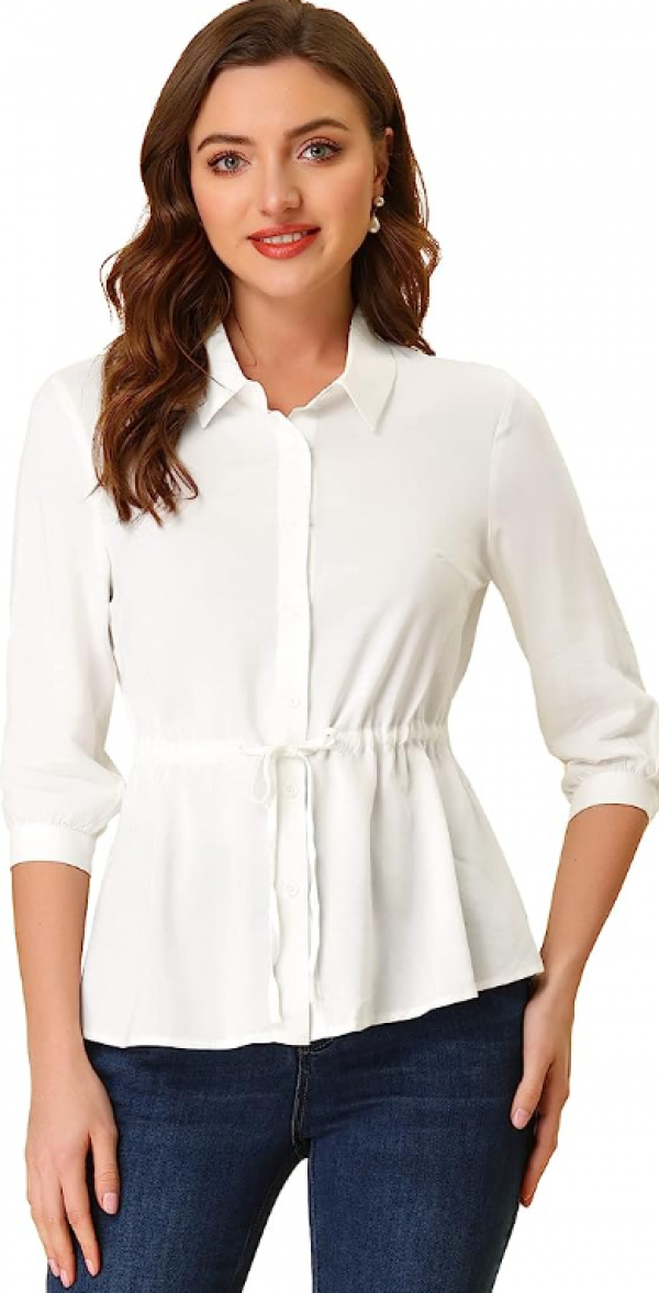 Kemeja kerja dengan tali di bagian pinggang untuk memberikan siluet yang lebih feminin